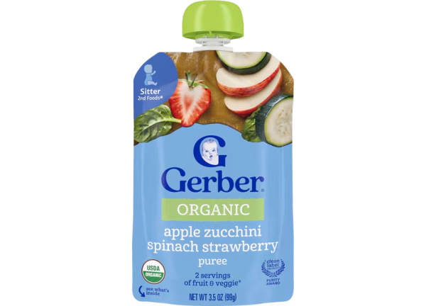 Gerber, Organic Snack Pouch- Apple Zucchini Spinach Strawberry, 99g.