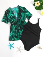 ⁦Girls Cut Out, One Piece Swimsuit with Tropical Print Kimono, 5 Years⁩ - الصورة ⁦2⁩