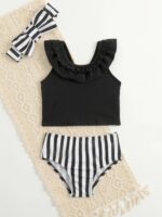 girls Striped Ruffle Swimsuit with Headband - الصورة 2