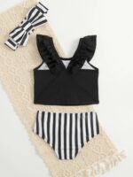 ⁦girls Striped Ruffle Swimsuit with Headband⁩ - الصورة ⁦3⁩