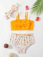 Floral Print Bow Front, Bikini Swimsuit & Headband