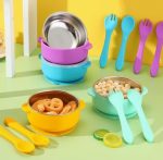 ⁦Silicone Steel Bowl Set w/ Lid, Silicone Spoon & Fork⁩ - الصورة ⁦2⁩