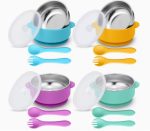 Silicone Steel Bowl Set w/ Lid, Silicone Spoon & Fork