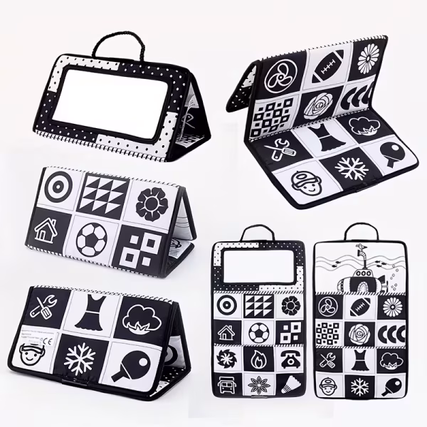 Cloth Book with Mirror,Baby Vision Training Activity Toy-black and white