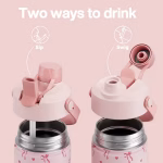 ⁦POWCAN 2-in-1 Straw and Spout Lid Insulated Water Bottle with handle, 1182ml.- White Bow⁩ - الصورة ⁦3⁩
