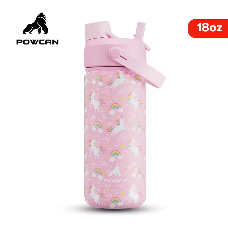 unicorn POWCAN 2-in-1 Straw and Spout Lid Insulated Water Bottle with handle, 532ml. - Image 1